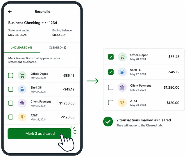 Illustration: marking cleared transactions in banking app reconcile view