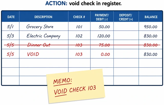 Illustration: voiding a check line in the check register with memo