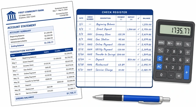 Illustration: bank statement check register calculator and pen laid out