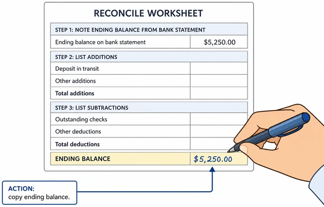 Illustration: writing bank statement ending balance on a reconcile worksheet