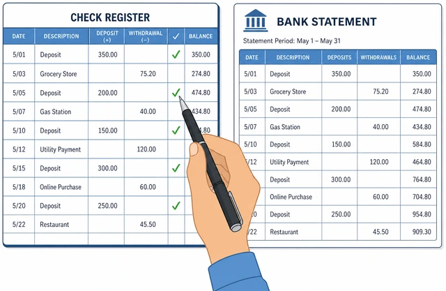 Illustration: checking off cleared deposits in a check register against statement