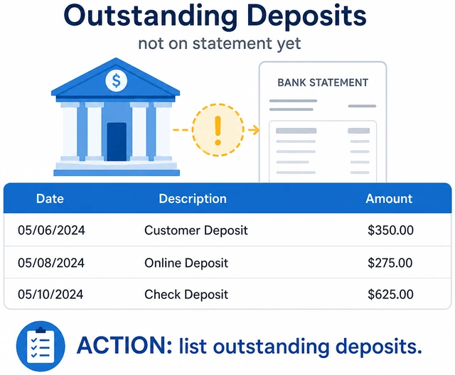Illustration: listing outstanding deposits not yet on bank statement