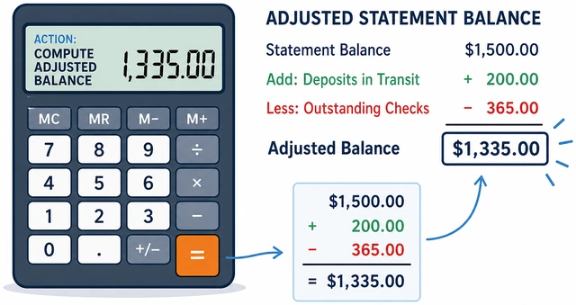 Illustration: calculator computing adjusted statement balance for reconcile