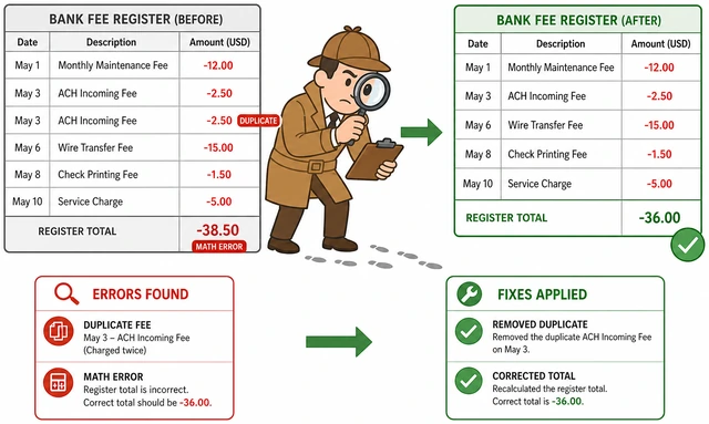 Illustration: hunting bank fees duplicates and math errors in register