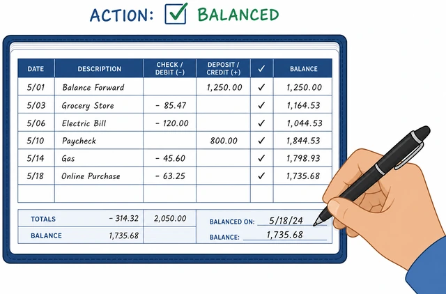 Illustration: noting balanced and date in check register after reconcile