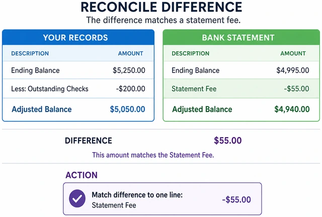 Illustration: noting exact reconcile difference amount beside statement fees