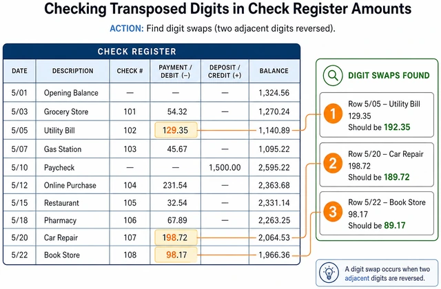 Illustration: checking transposed digits in check register amounts