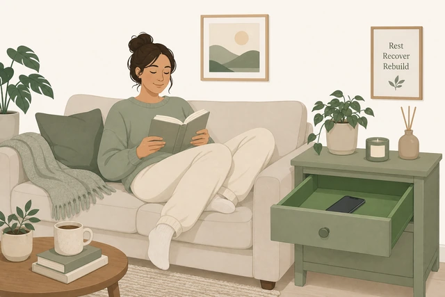 Person reading on couch with phone in drawer