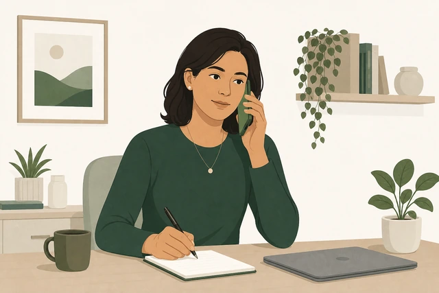 Person on phone call in quiet room taking notes