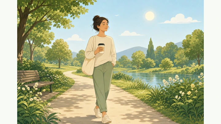 Person walking in morning sunlight with coffee, calm urban park setting