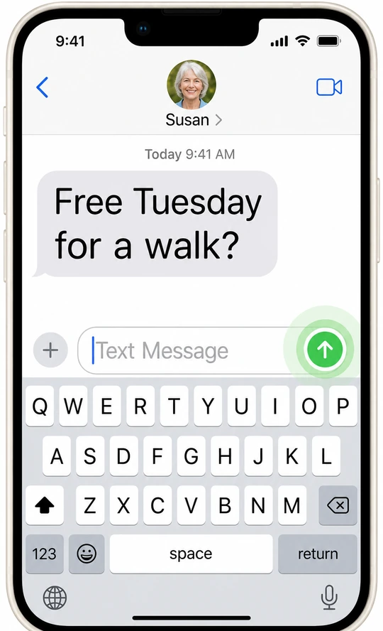 Phone showing a text inviting someone for a short coffee walk