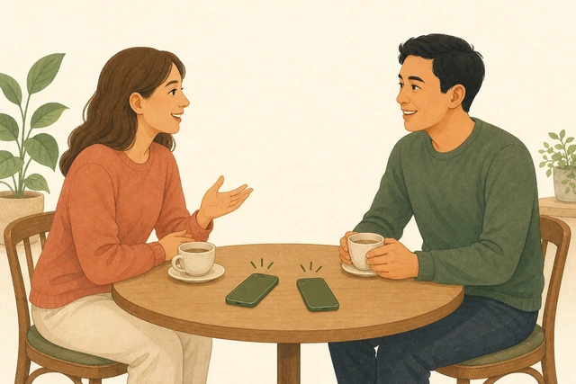 Two people talking over tea, phones face-down on table