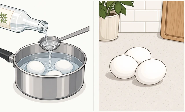 Illustration: tablespoon vinegar poured into pot with eggs sitting out on counter