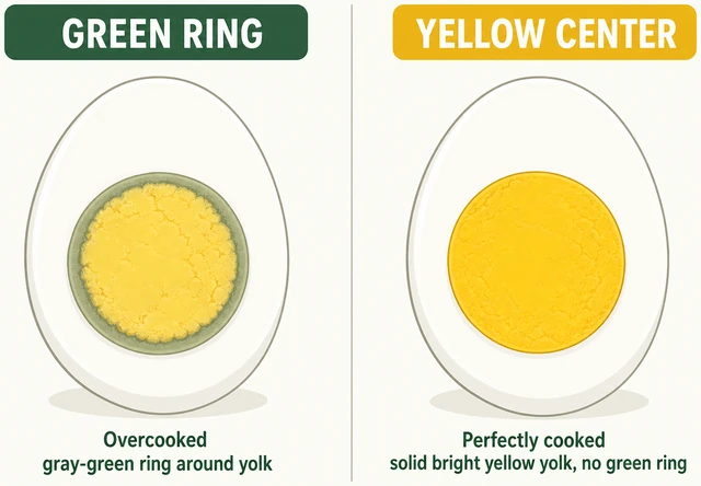Illustration: compare overcooked egg with green ring versus proper yellow yolk cross section