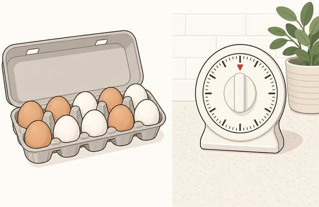 Illustration: fresh eggs in carton and kitchen timer ready
