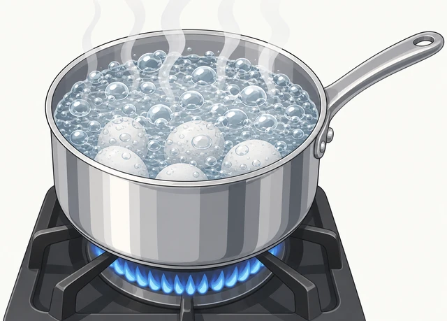 Illustration: saucepan on stove with vigorous rolling boil and steam