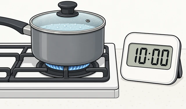 Illustration: kitchen timer showing 10 minutes next to simmering pot with lid on