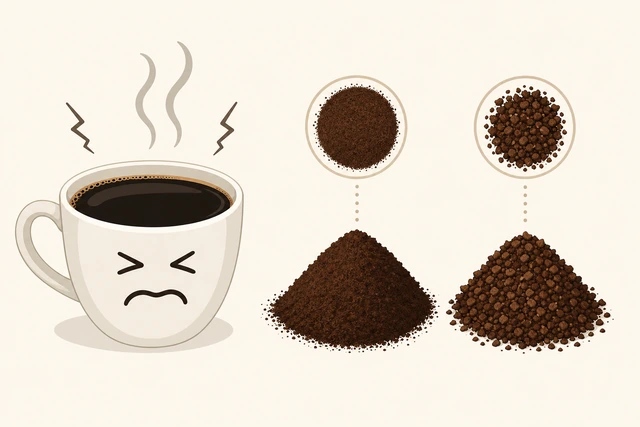 Illustration: a cup of coffee with a note card listing coarser grind and cooler water as fixes for bitterness