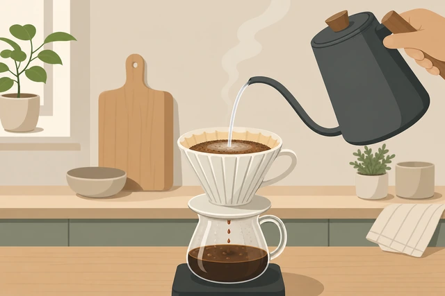 Illustration: steadier, slightly faster spiral pour over a coarser bed of coffee grounds
