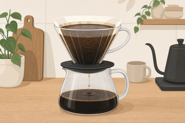 Illustration: spoon gently stirring a stalled coffee bed once, kettle set aside from an overflowing dripper