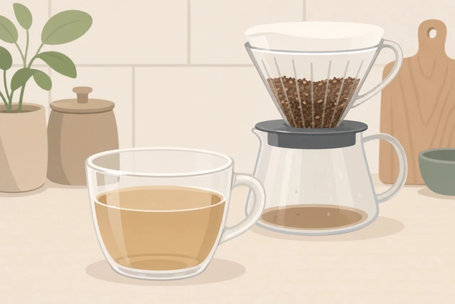 Illustration: scale showing about 20 grams of coffee and a full bloom pour wetting all grounds