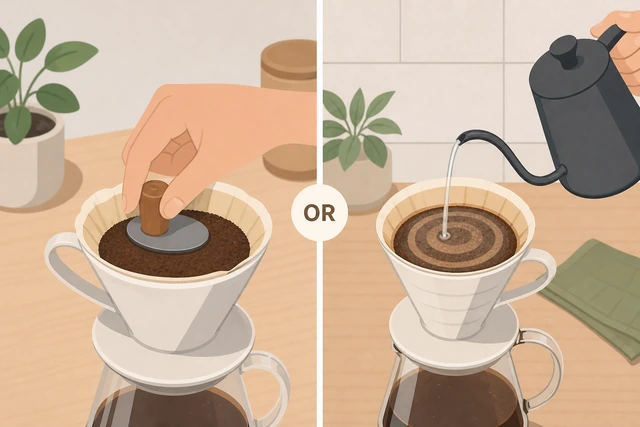 Illustration: slightly finer coffee grind beside a slow careful spiral pour