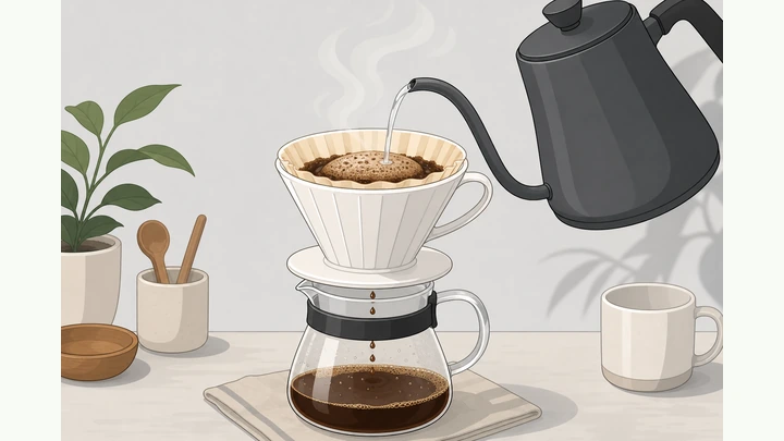 Illustration: a cone dripper with paper filter pouring dark coffee into a carafe beside a kettle and cup
