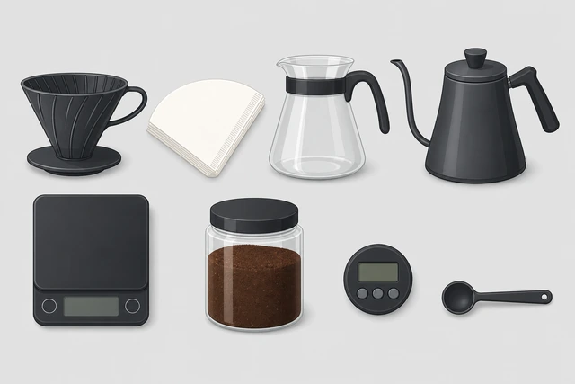 Illustration: checklist with cone dripper, paper filter, carafe, kettle, scale, coffee, timer, and spoon on the counter
