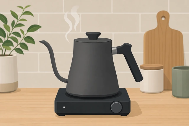Illustration: a kettle of hot water just off a rolling boil, steam rising gently