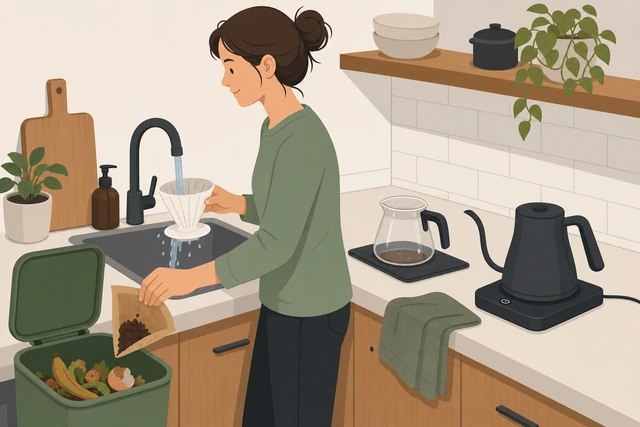 Illustration: used paper filter in compost or trash, rinsed dripper and carafe, kettle switched off