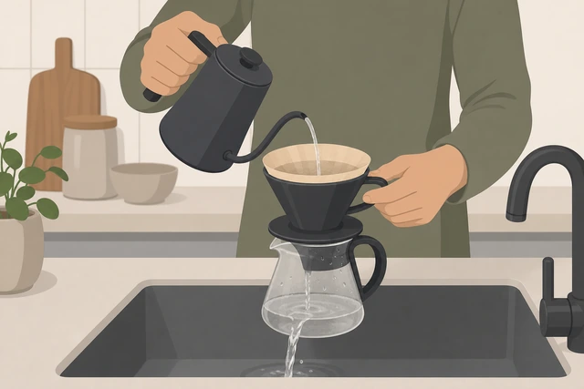 Illustration: hot water rinsing a paper filter seated in a cone dripper over a carafe