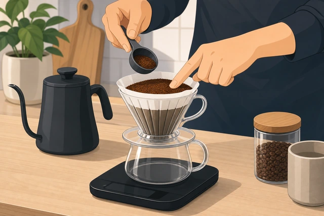 Illustration: about 20 grams of medium-fine coffee grounds leveled flat in a paper filter