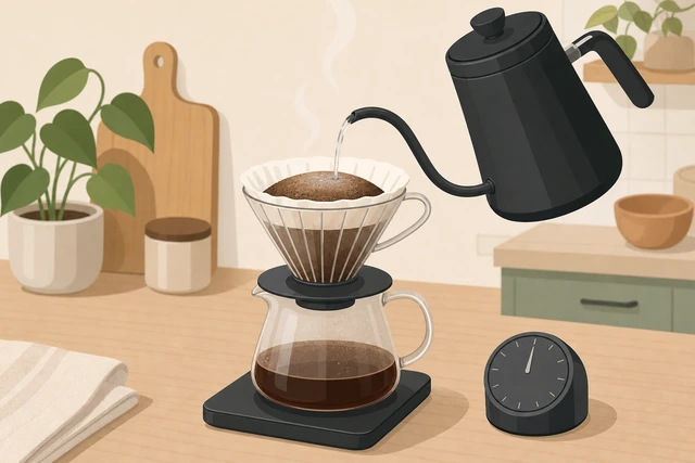 Illustration: first bloom pour wetting all coffee grounds in a cone dripper, timer started