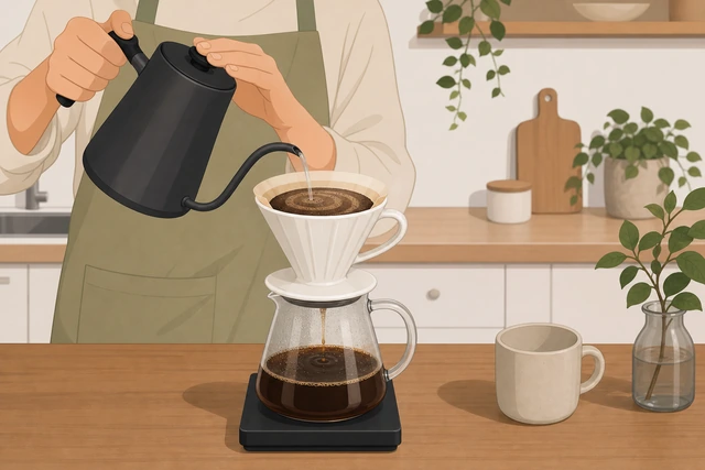 Illustration: slow spiral pour of hot water over coffee grounds toward 150 grams on a scale