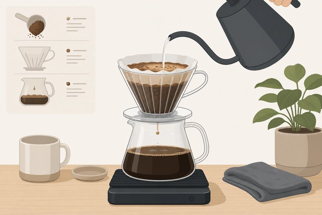 Illustration: finishing spiral pours until the scale reaches about 320 grams of water