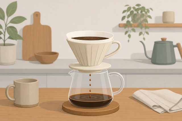Illustration: coffee dripping from a cone dripper into a carafe as the grounds bed drains