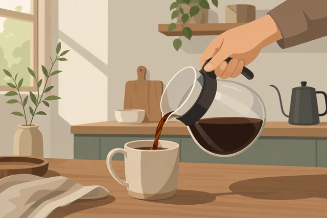 Illustration: dripper lifted off a carafe and coffee poured into a drinking mug