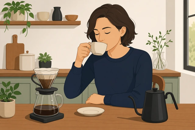 Illustration: a person tasting pour-over coffee from a mug, steam rising gently