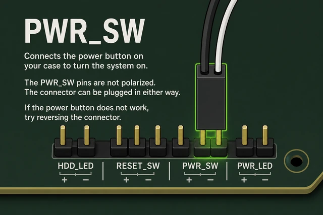 Illustration: PWR_SW two-pin connector on motherboard front panel header