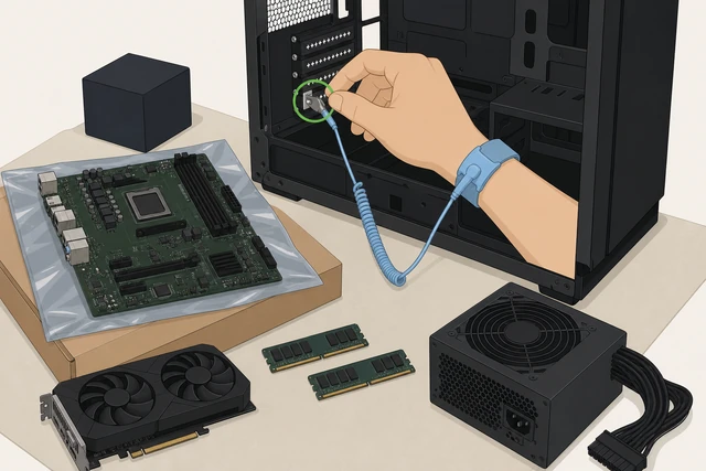 Illustration: anti-static wrist strap clipped to PC case with parts laid on motherboard box