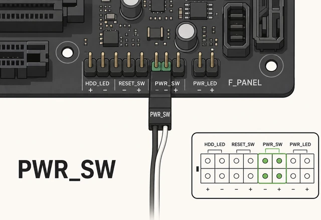 Illustration: front panel PWR_SW connector on motherboard pin header with manual diagram inset