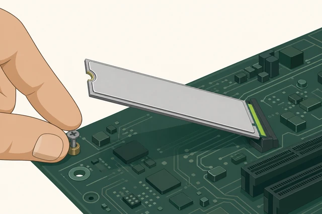 Illustration: M.2 NVMe drive at angle then flat in motherboard slot with small screw