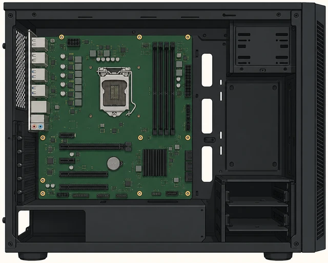Illustration: motherboard aligned on standoffs inside mid-tower case
