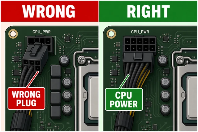 Illustration: WRONG PCIe plug at CPU header vs RIGHT CPU 8-pin connector seated