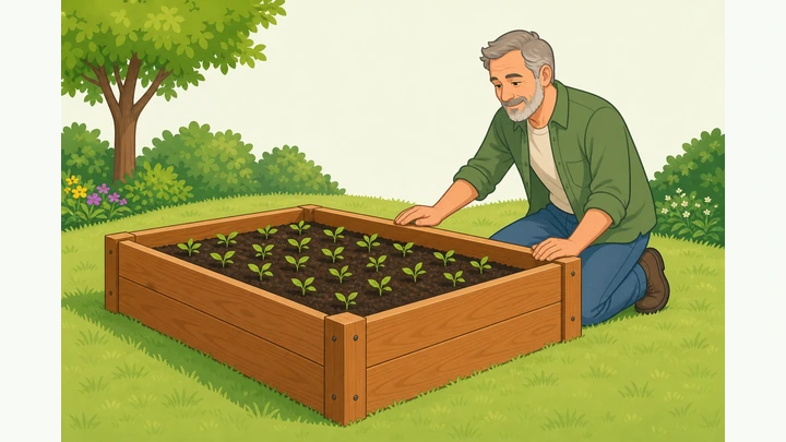 Illustration: finished cedar raised garden bed frame filled with soil, ready to plant