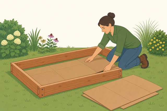 Illustration for Line the bottom with cardboard or landscape fabric.