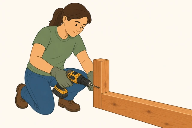 Illustration for Assemble the first long side onto two corner posts.