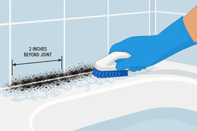 Illustration: scrubbing moldy bathtub caulk with bleach solution on brush, gloves and fan on