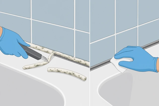 Illustration: stripping all discolored caulk from moldy bathtub joint and tissue-testing for dryness