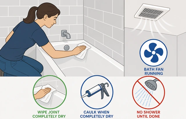 Illustration: bathroom exhaust fan running while wiping a bathtub joint dry with a rag